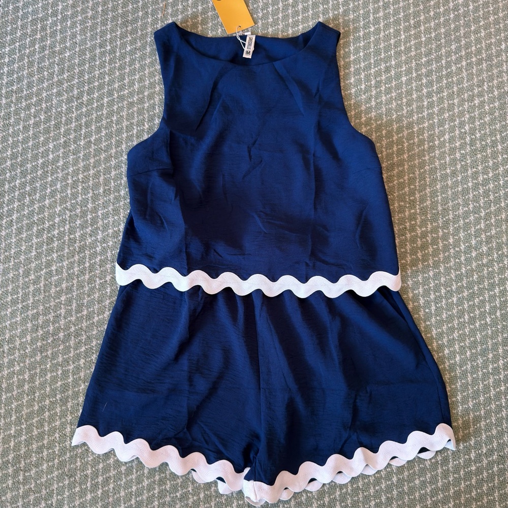 NEW NWT Blue and White Jumpsuit with Wavy White Trim